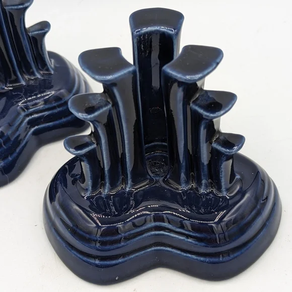 Vintage Fiesta Ware Cobalt Blue Tripod Skyscraper Pair of Candle Holders